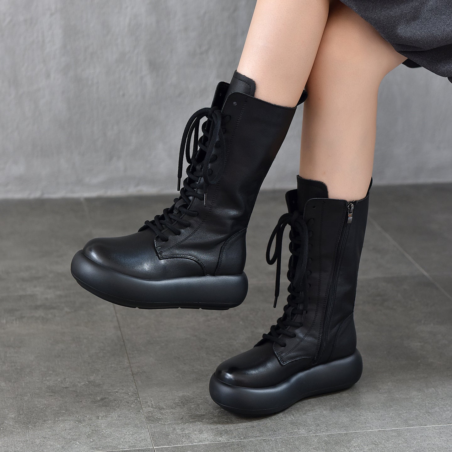 Women's Layer Cowhide Martin Round Head Thick Bottom Retro Single Side Women's Leather Boots