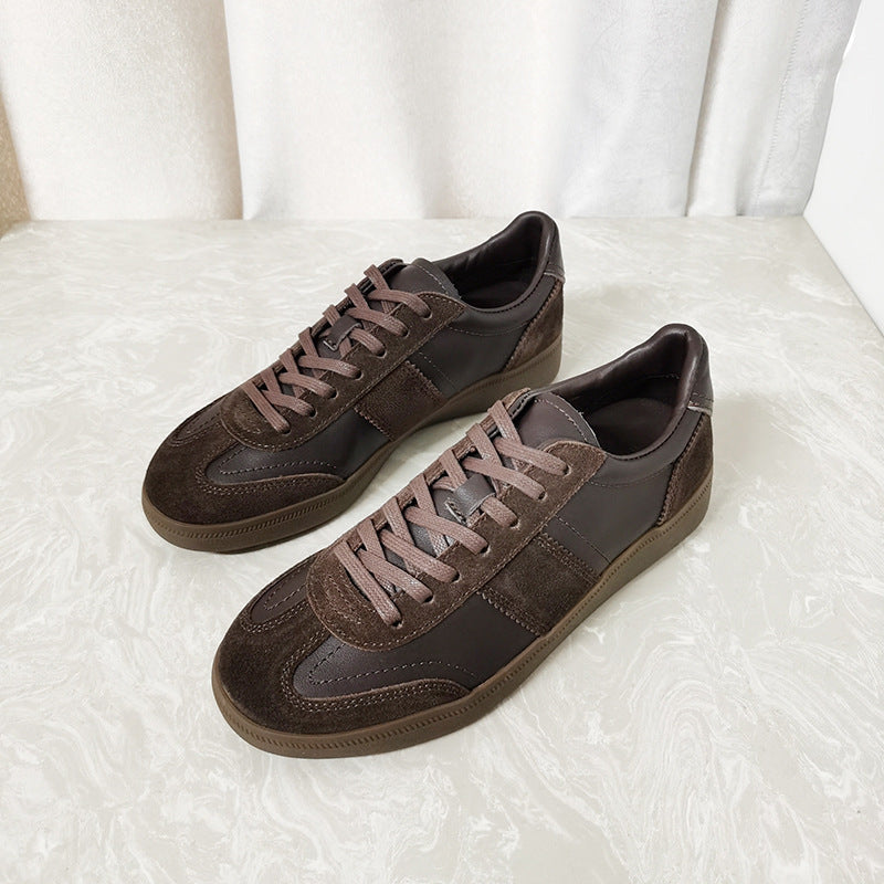 Women's Spring Round Head Genuine Flat Coffee Color Platform German Women's Casual Shoes