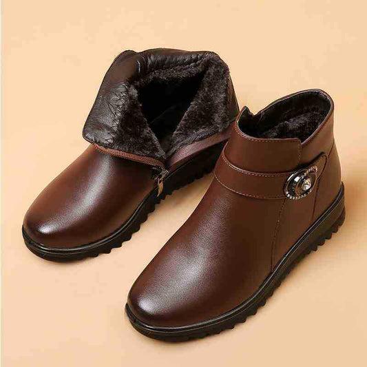 Women's Mom Winter Flat Bottom Fleece-lined Short Warm Women's Leather Boots