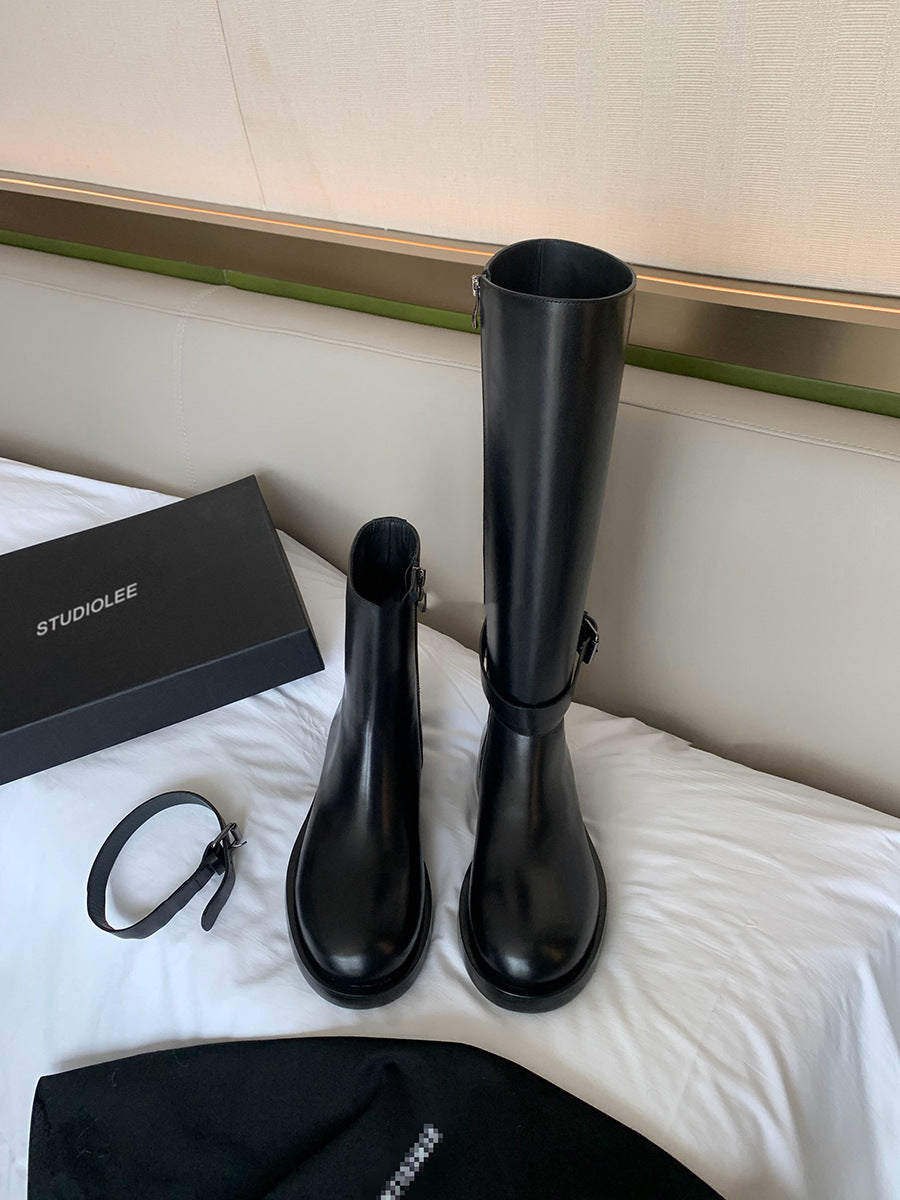 Women's Chunky Lock Pointed Round Toe Leg Straight Slimming Boots