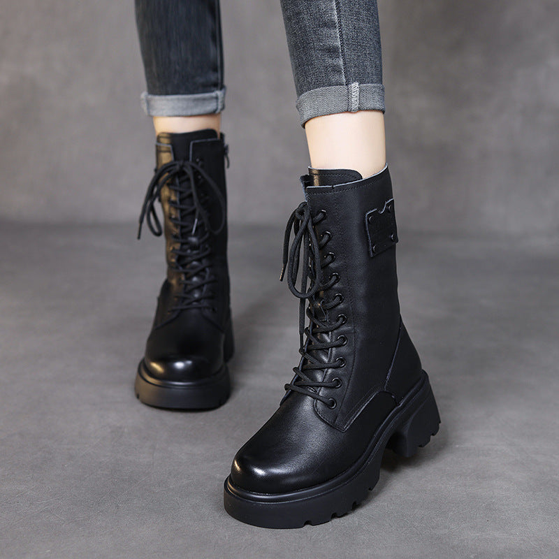 Women's Thick Bottom Vintage Martin Real With Fleece Lining Mid Chunky Heels