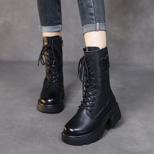 Women's Thick Bottom Vintage Martin Real With Fleece Lining Mid Chunky Heels