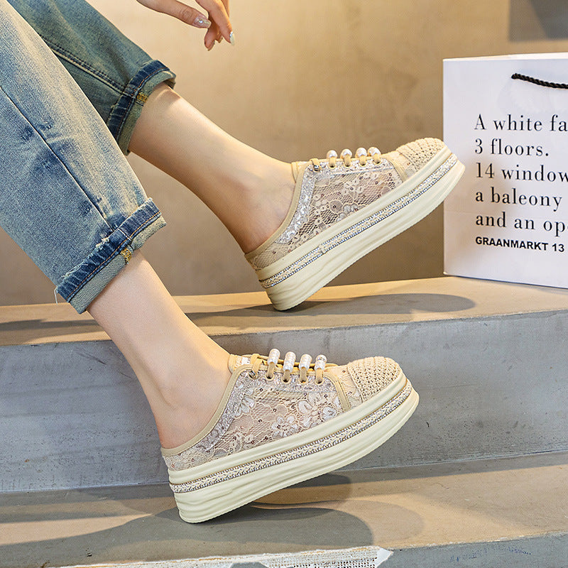 Women's Closed Toe Half Summer Wear Lace Mesh Breathable Thick Slippers