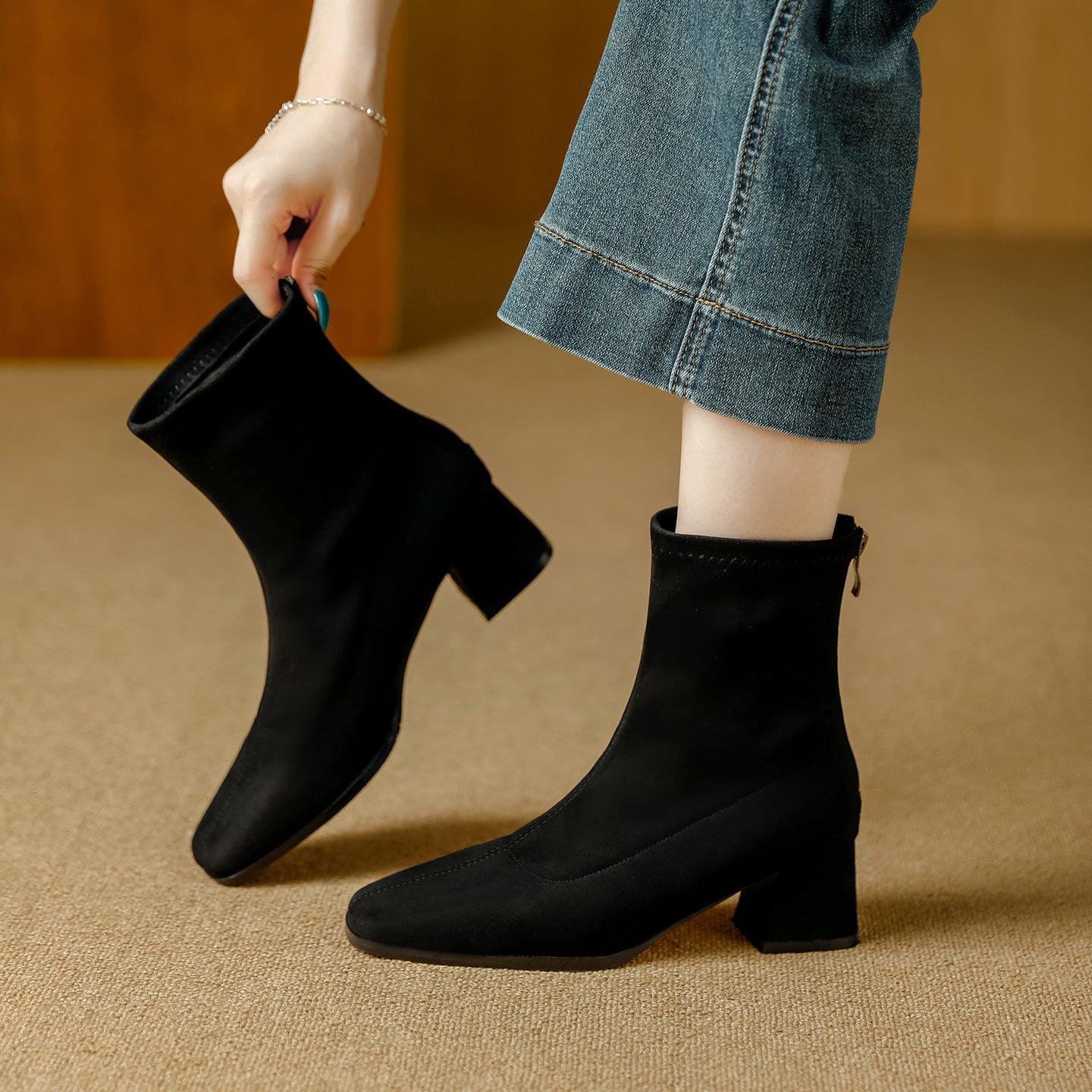 Women's French Square Toe Chunky Suede Ankle Boots