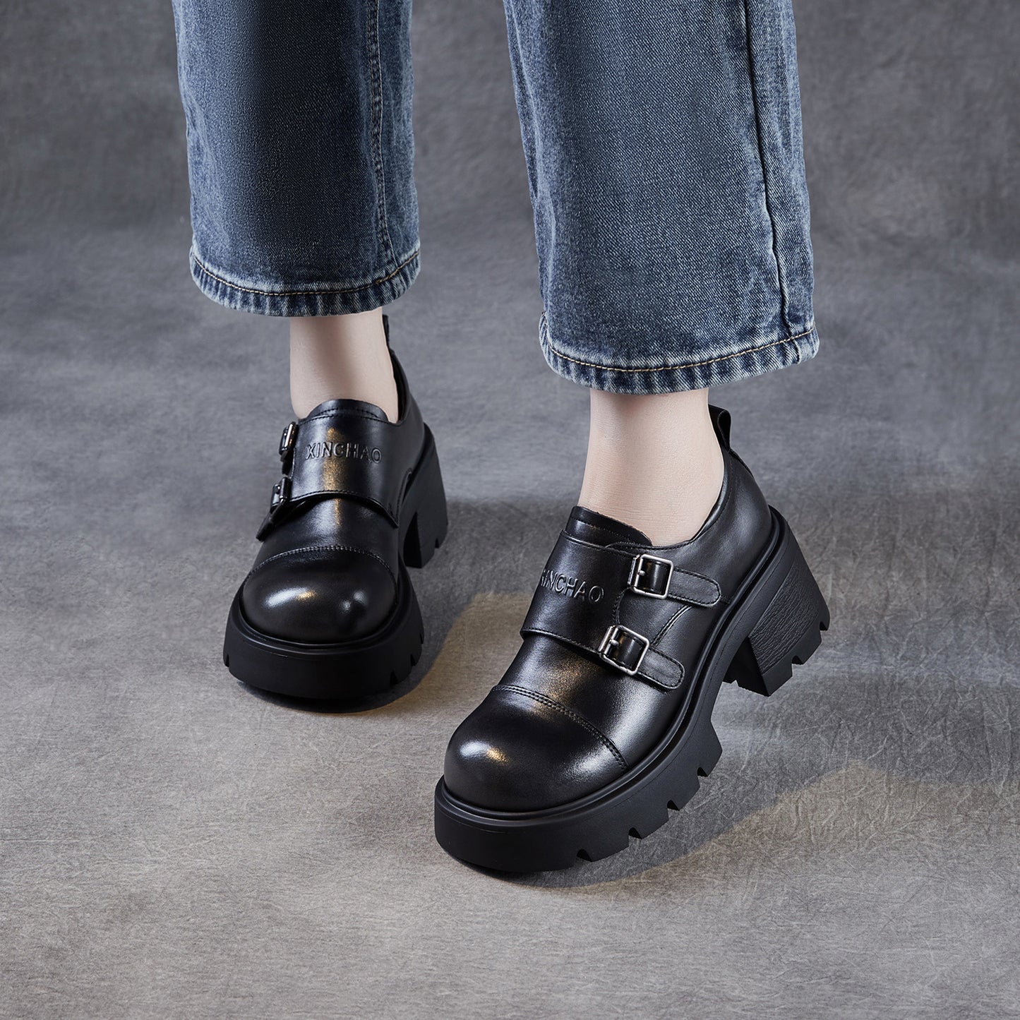 Women's Thick Bottom British Style Light Luxury Genuine Pumps High-grade Leather Shoes