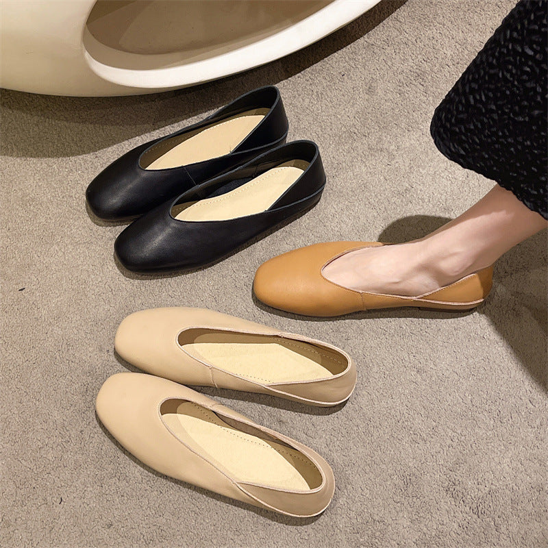 Women's Cowhide Small Single-layer Flat Low-cut Authentic Soft Surface Heels