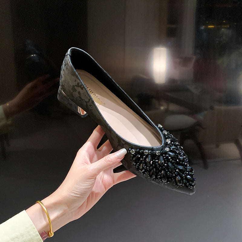 Women's Chinese Style Pointed Toe Pumps Chunky Mid Handmade Women's Fashion Shoes