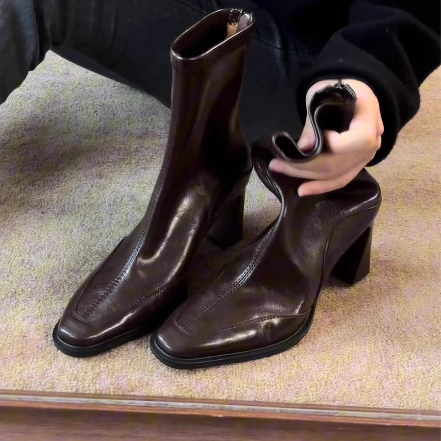 Skinny Square Toe Chunky High Stretch Women's Leather Boots