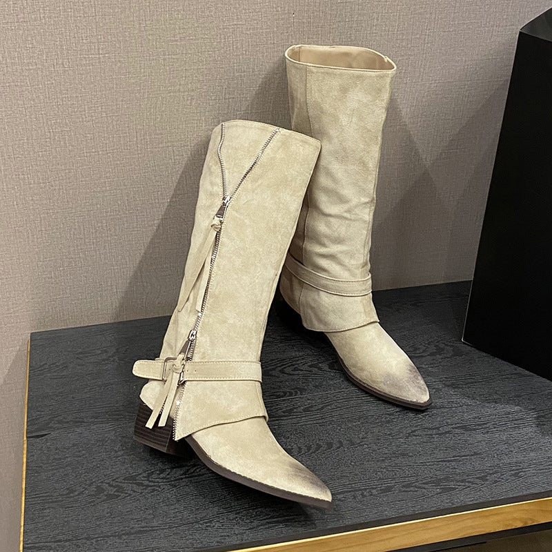 Women's Rub Colored Suede Belt Buckle Side Zipper Pile Style Knight Women's Leather Boots