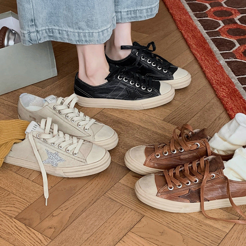 Cowhide Distressed Dirty Retro Lace Up Star Pattern Female Golden Women's Casual Shoes