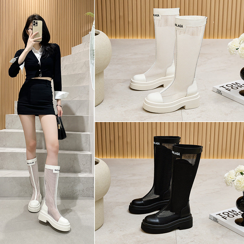Women's Thick-soled Mesh Fashionable Thin Breathable Knee-length Summer High Women's Leather Boots