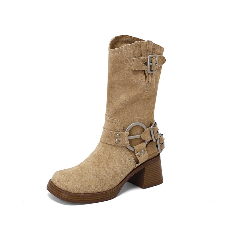 Women's Summer Thin Western Cowboy Platform Short Brown Middle Women's Leather Boots