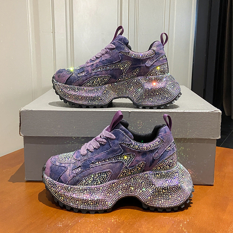 Women's Large Size Starry Rhinestone Dad Platform Height Women's Sports Shoes
