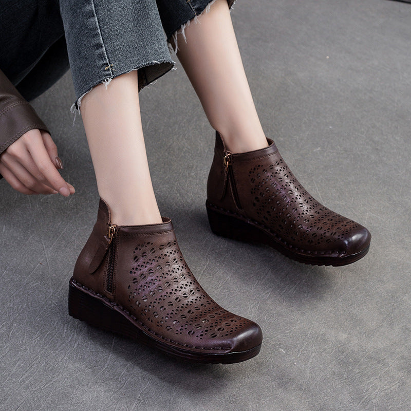 British Style Breathable Hollow Side Zipper Flat Platform Sandals