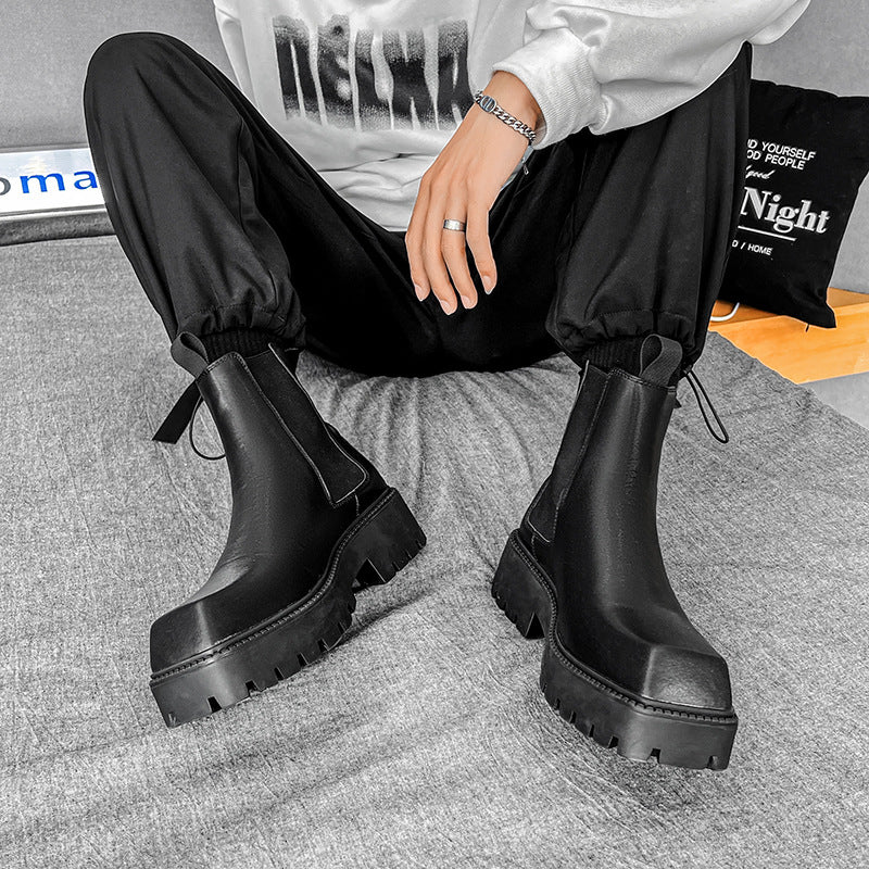 Men's Square Toe Chunky Platform Short Vintage Martin Boots