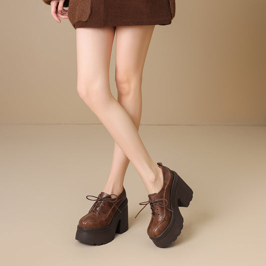 Women's Style Spring Round Toe Thick Bottom Cowhide Leather Shoes