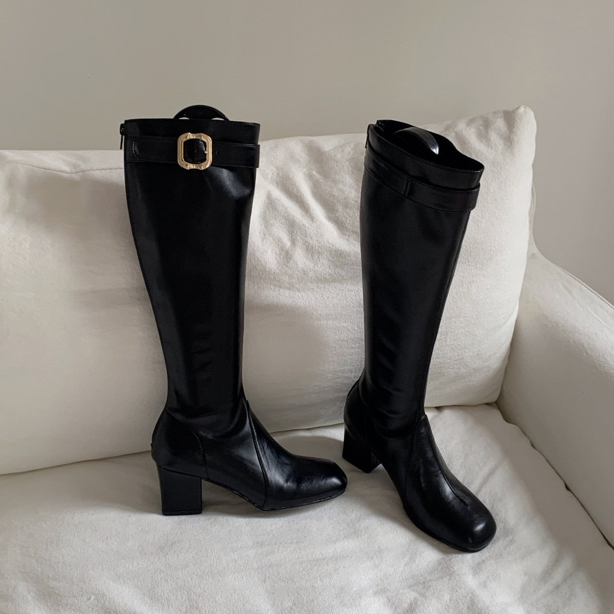 Women's Home Belt Buckle High-heeled Thigh Chunky Square Women's Leather Boots