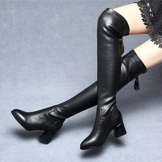 Women's Over The Knee Back Zipper Stretch Cowhide Pointed Women's Leather Boots