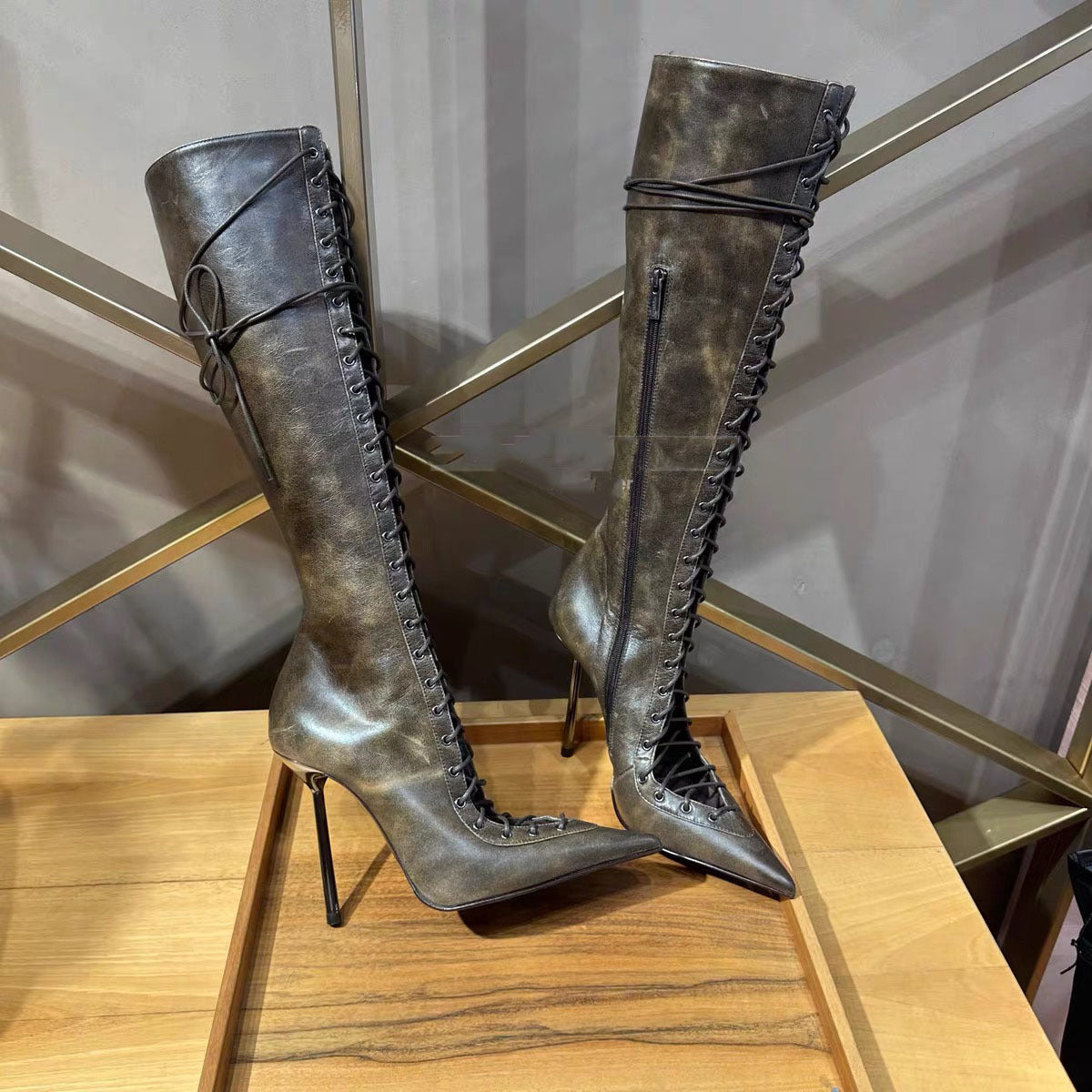 Women's Cutout Pointed Toe Stiletto High Leg Women's Leather Boots