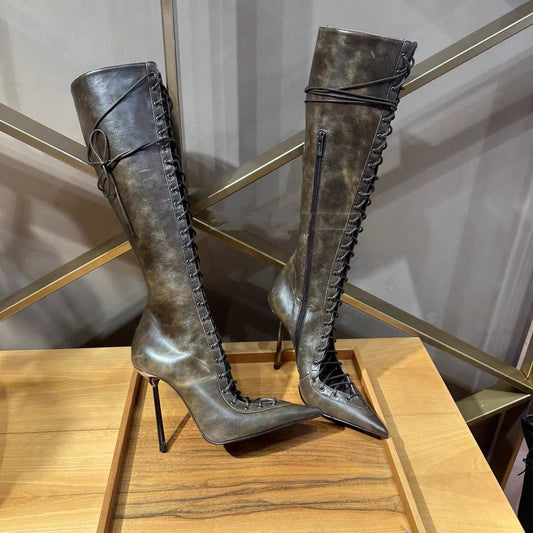 Women's Cutout Pointed Toe Stiletto High Leg Women's Leather Boots