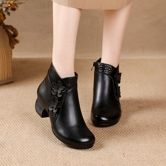 Women's Surface Cattlehide Fashion Medium Chunky Flower Women's Shoes
