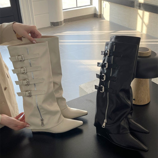 Women's Hot Fashion Zipper Belt Buckle High Thick Skinny Long Pants Boots