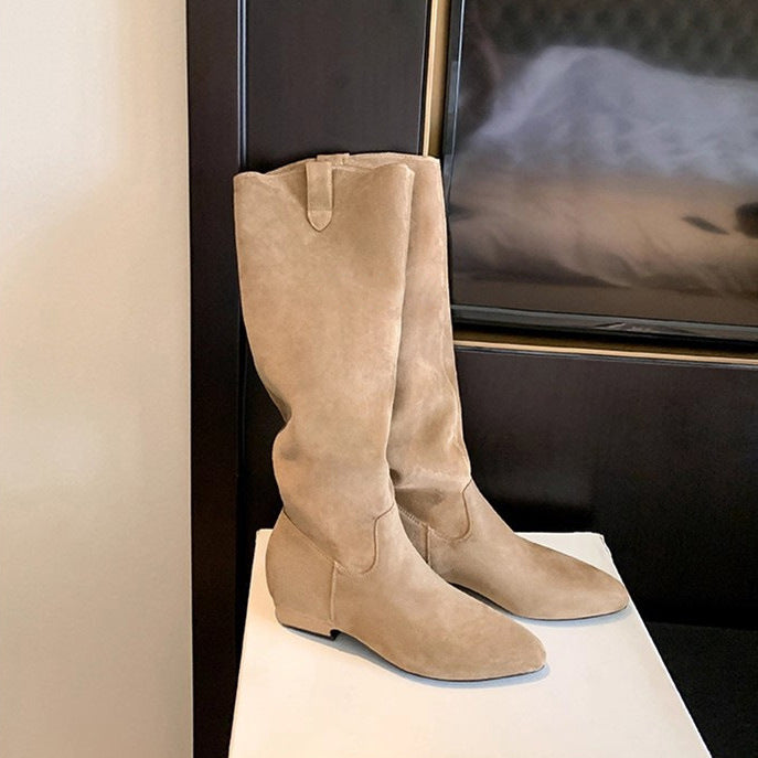 Women's Cut Pointed Toe Suede Height Increasing Insole Chunky Tall Women's Leather Boots