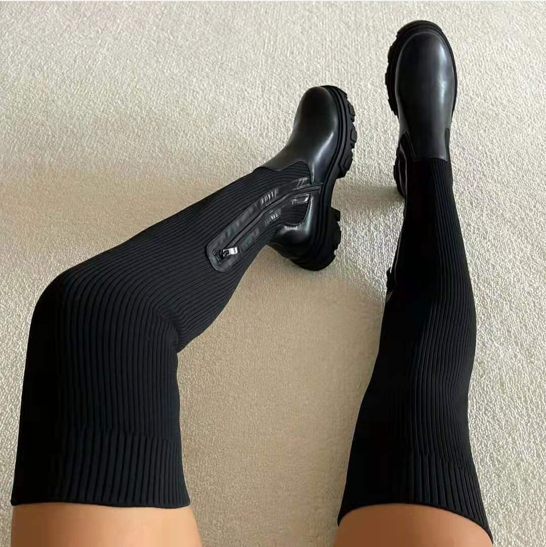 Women's The Knee Elastic Wool High Leg Round Boots