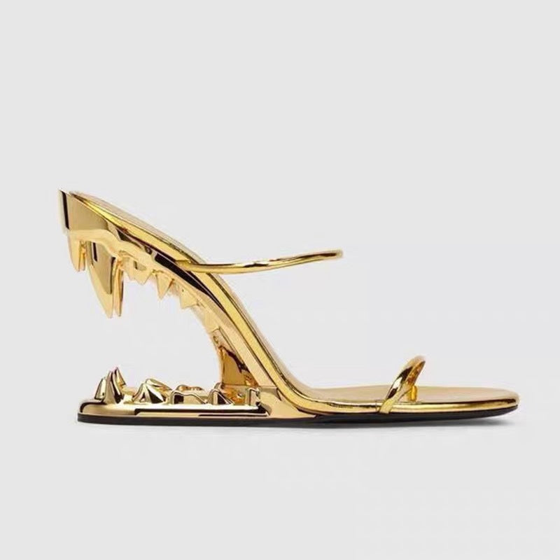 Metal Giant Tooth Tiger Abnormal Shape Open Toe Heels