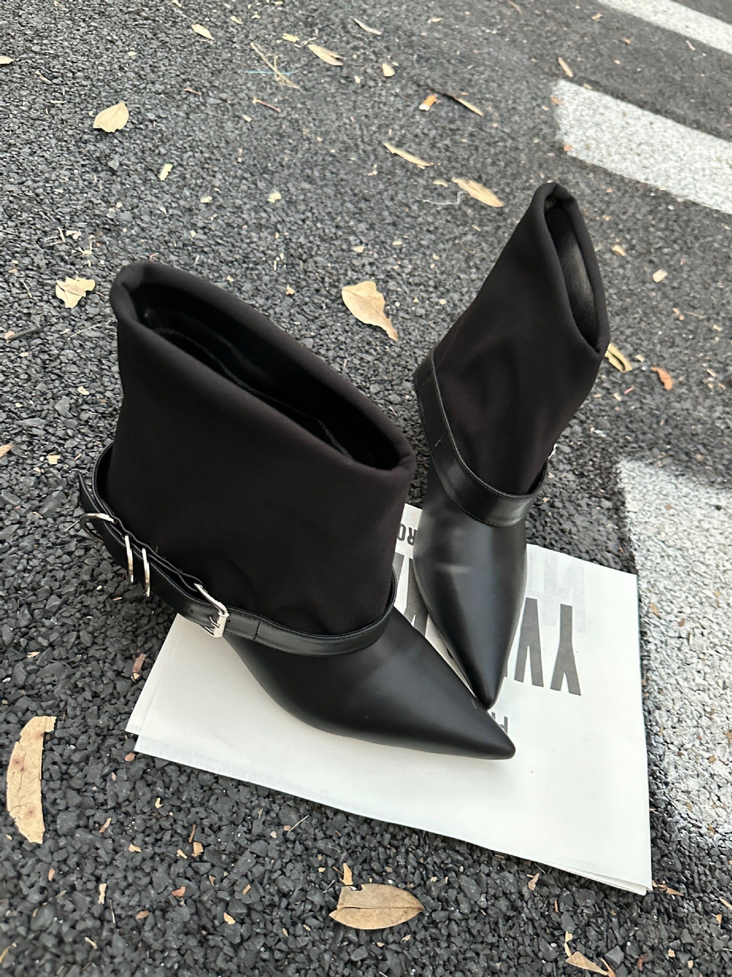 Women's Pointed Toe Belt Buckle Booties Black Thin Martin Heels