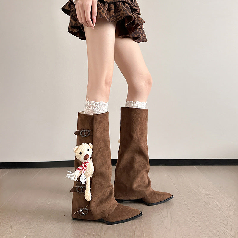 Women's Long Female Khaki Suede Chunky Slimming Pleated Pile Women's Leather Boots