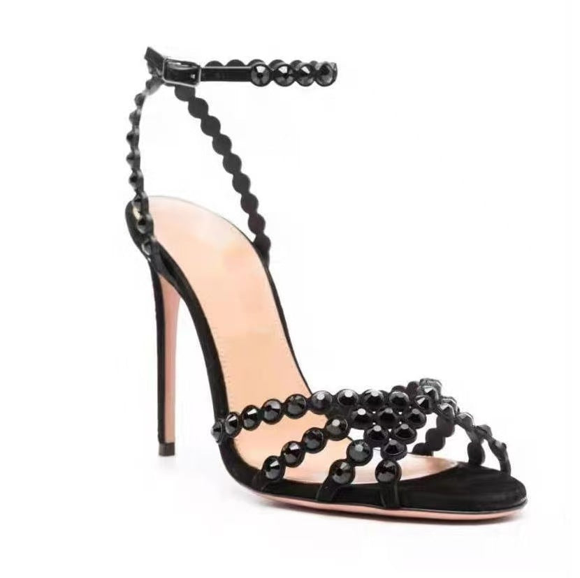Metal Round Toe Stiletto Rhinestone Strap Buckle Open Large High Heeled Sandals