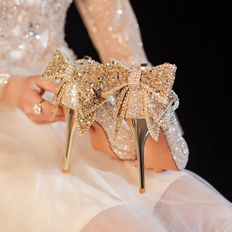 Women's Crystal Sequined Adult Ceremony Pearl Chain Bow Heels