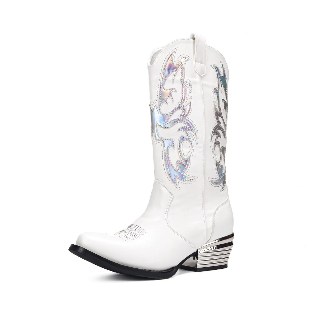 American Size Retro Embroidered Sequins Western Cowboy Chunky Square Toe Women's Leather Boots