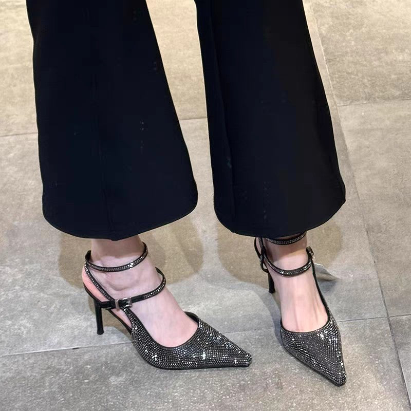 Women's Summer Pointed Toe Rhinestone Closed Buckle Stiletto Sexy High Heeled Sandals