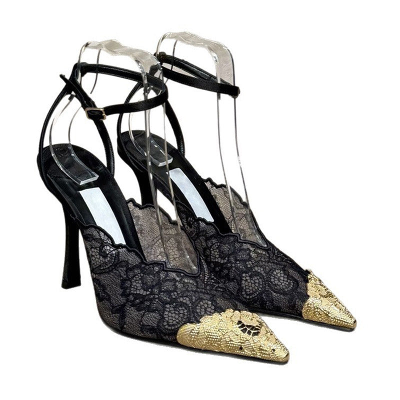 Women's Lace Embroidered Mesh Closed Toe Stiletto Pointed High Heeled Sandals