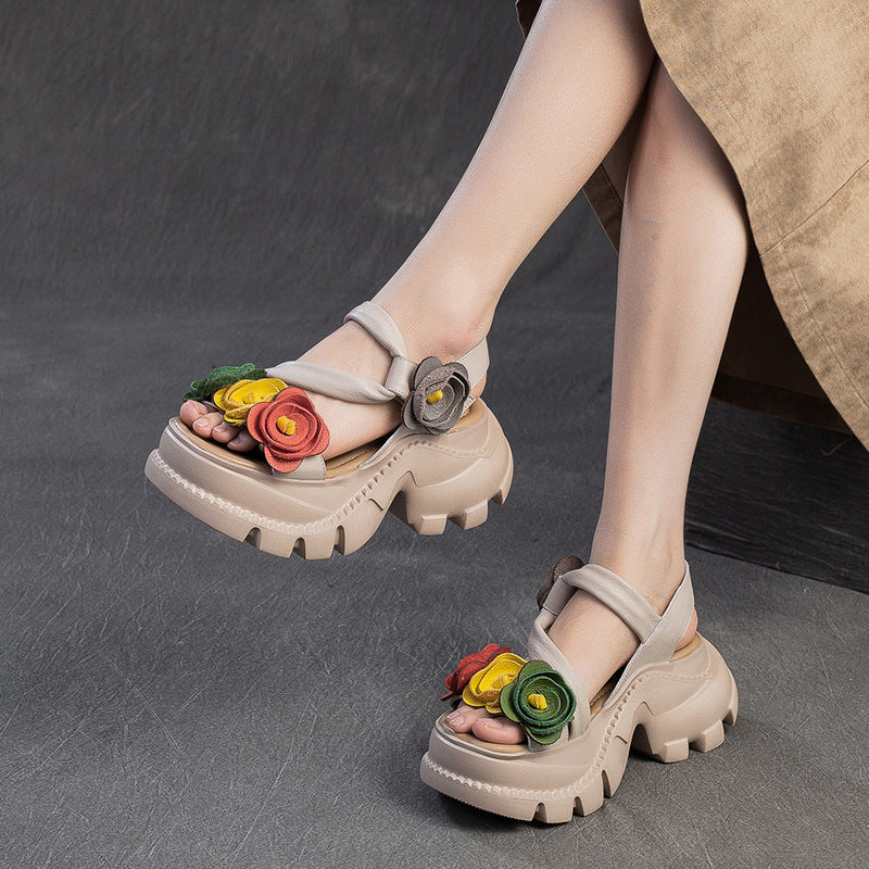 Women's Artistic Retro Style Flower Muffin Peep Platform Sandals