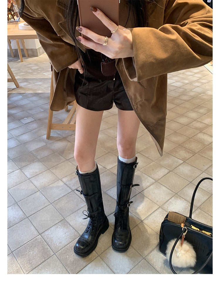 Mom Motorcycle Fashionable Fine Belt Buckle Women's Leather Boots