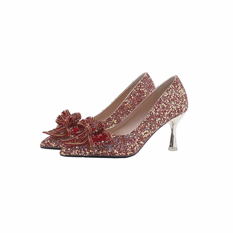 Women's Sequined Red High Stiletto Rhinestone Bow Bridesmaid Crystal Wedding Women's Fashion Shoes