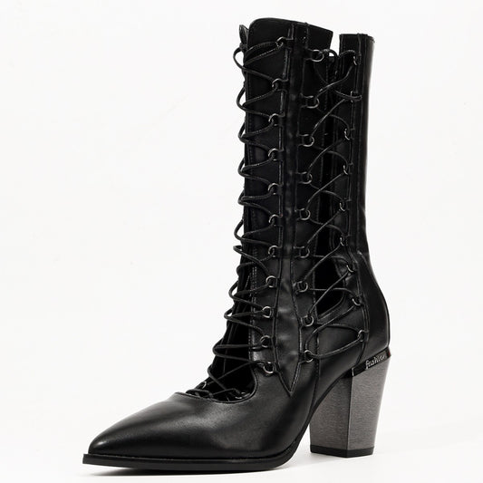 Women's Chunky Mid Retro Sleeve Fashion Waterproof Solid Women's Leather Boots