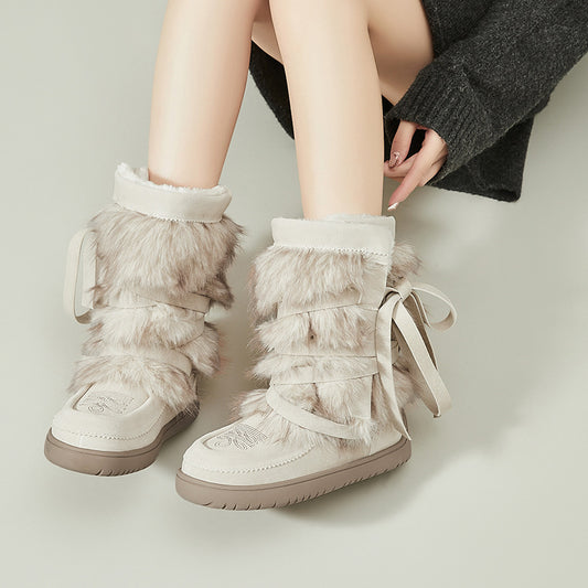 Women's Platinum Round Toe Niche Strap Genuine Warm Boots