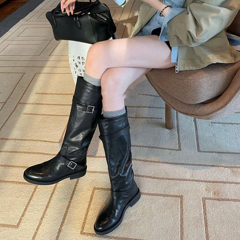 Head Fashionable Belt Buckle Chunky Long Female Women's Leather Boots