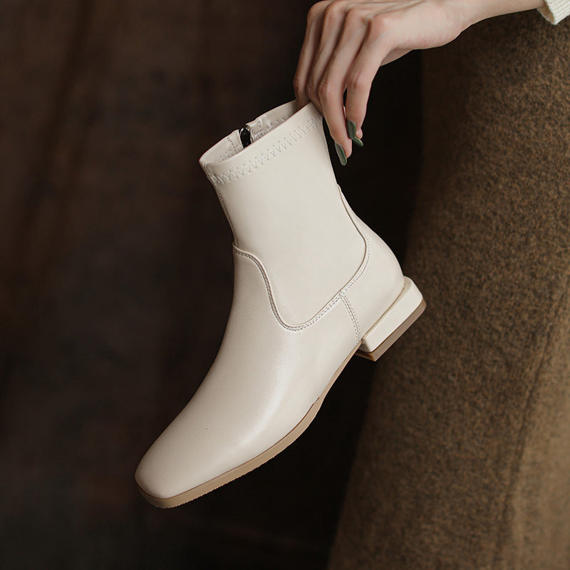 Women's Small Beige Flat Ankle Simple Stretch Women's Leather Boots