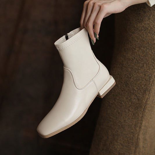 Women's Small Beige Flat Ankle Simple Stretch Women's Leather Boots