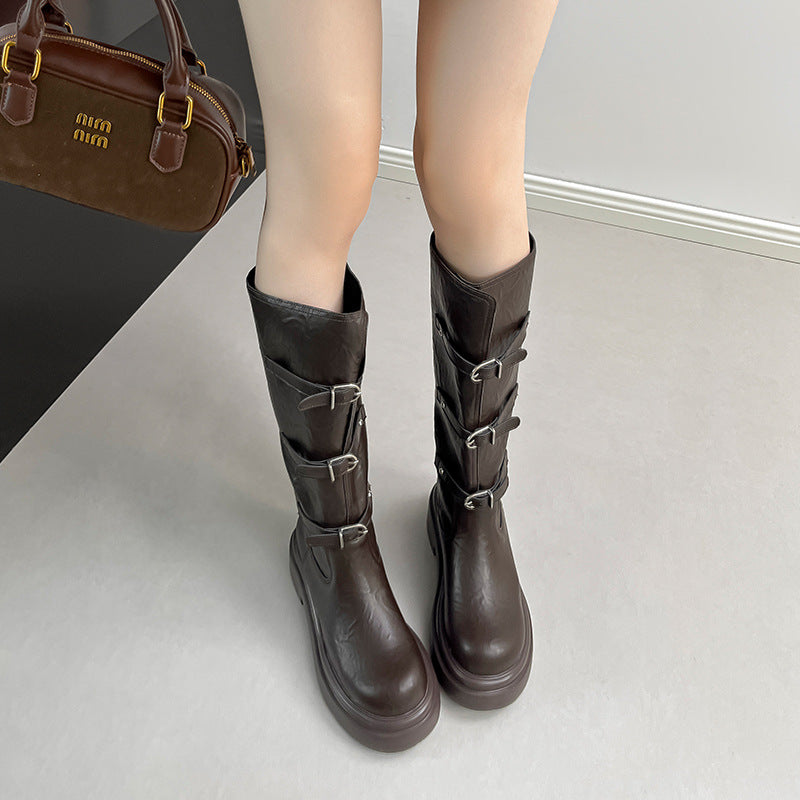 Retro Round Toe Belt Buckle Slimming Tall Knight Thick Bottom Women's Leather Boots