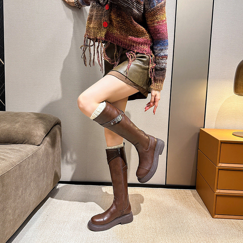 Women's Brown Knight High Below The Knee Women's Leather Boots