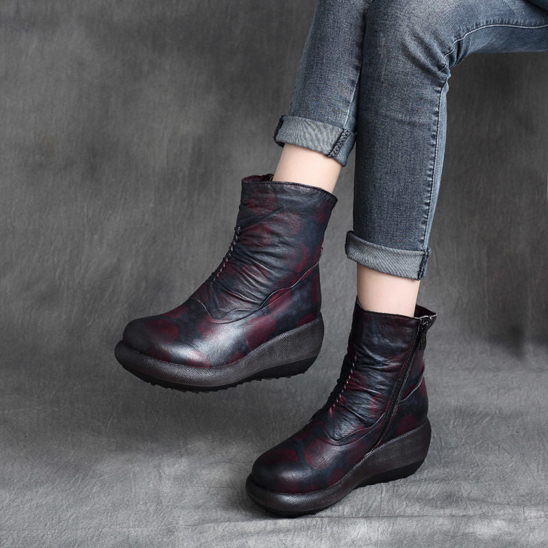 Thick Bottom Wedge Color Matching Side Zipper Women's Leather Boots