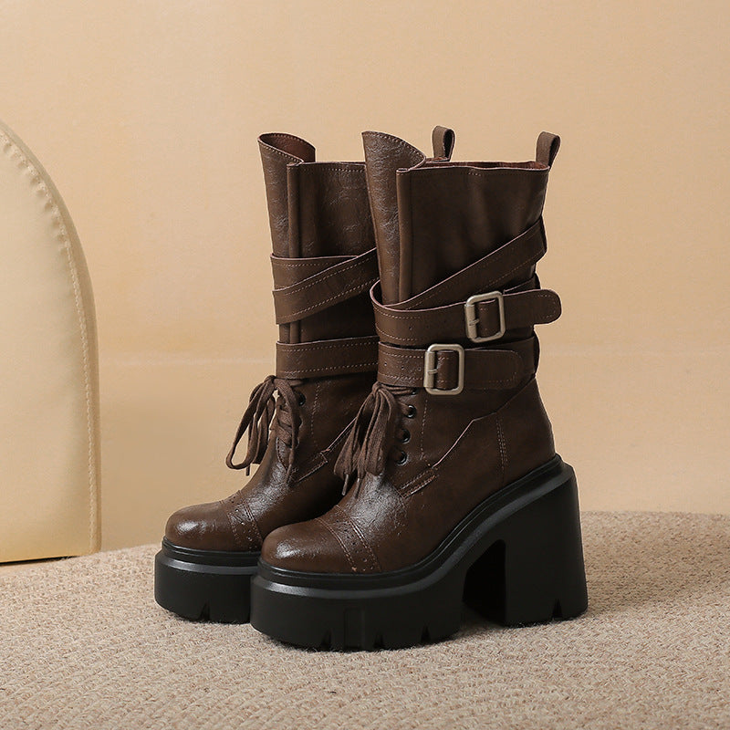 Women's Bottom Height Increasing Insole For Retro Western Chunky Small Versatile Women's Leather Boots