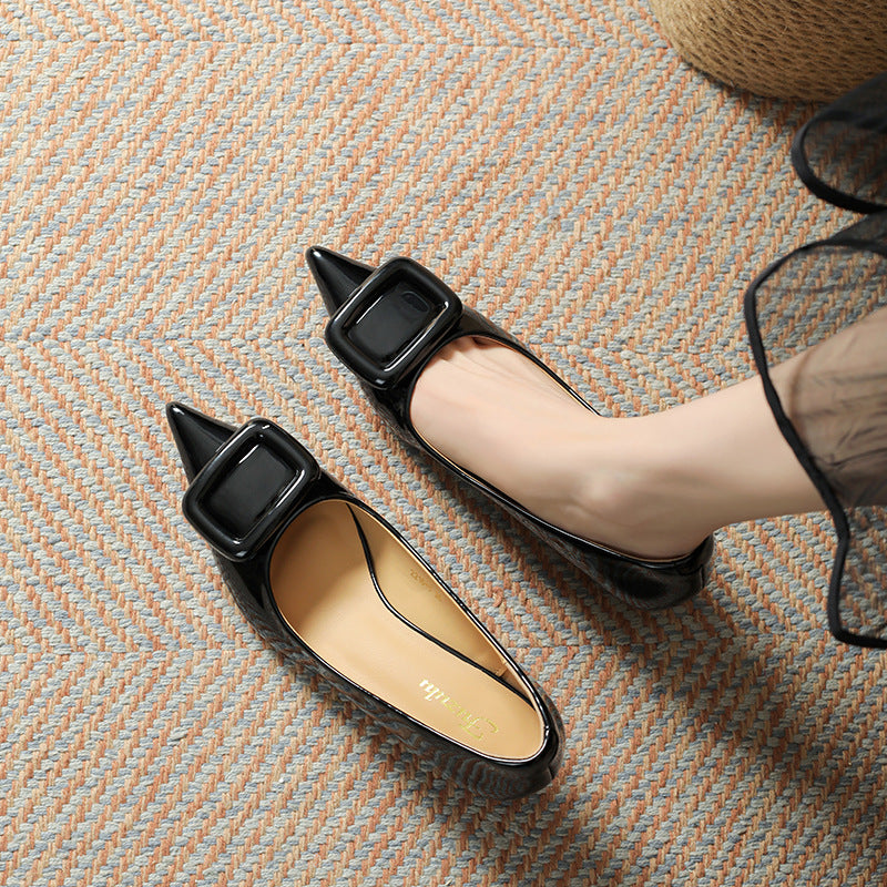 Women's Patent High Square Buckle Low-cut Elegant Pointed Heels
