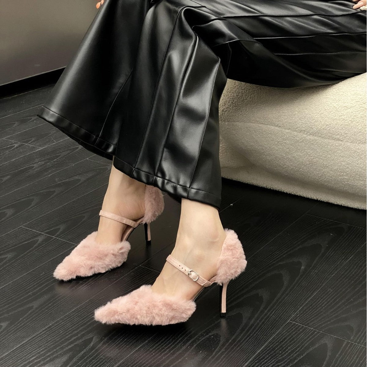 Women's Pointed Toe Stiletto Fashion Closed Fluffy Belt High Heeled Sandals